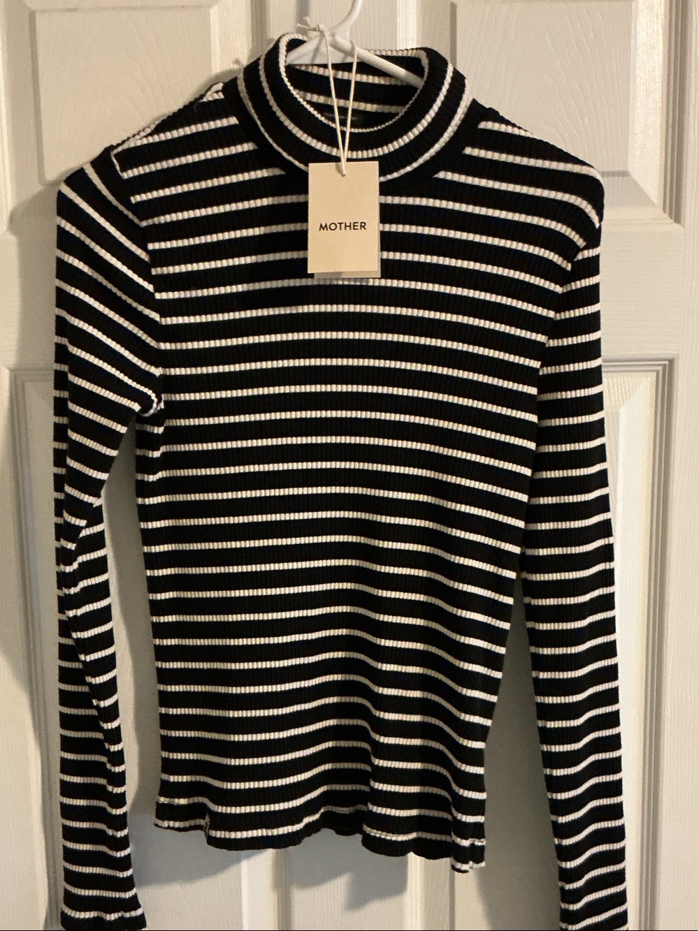 MOTHER Black & White Striped Ribbed Mock Neck Long Sleeve Top